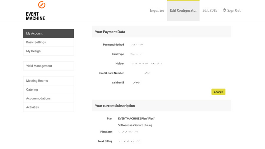 Display of the active plan and the stored payment method