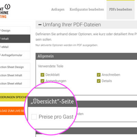 Übersichtsseite der PDF Angebote wahlweise ohne Preis pro Gast möglich - eventmachine