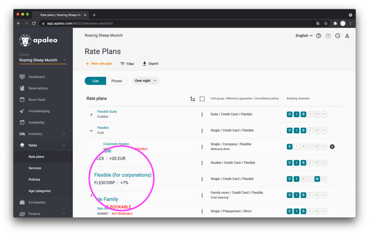 Identify relevant apaleo rate plans for accommodations