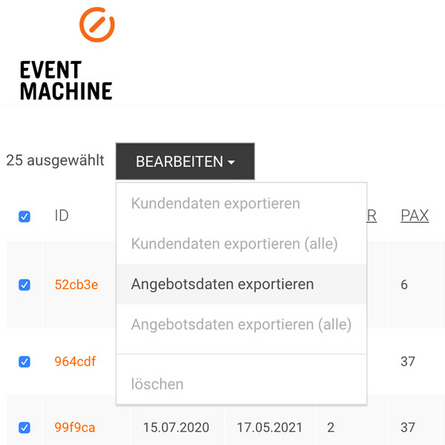 Angebotsdaten für eine, mehrere oder alle Event Konfigurationen exportieren