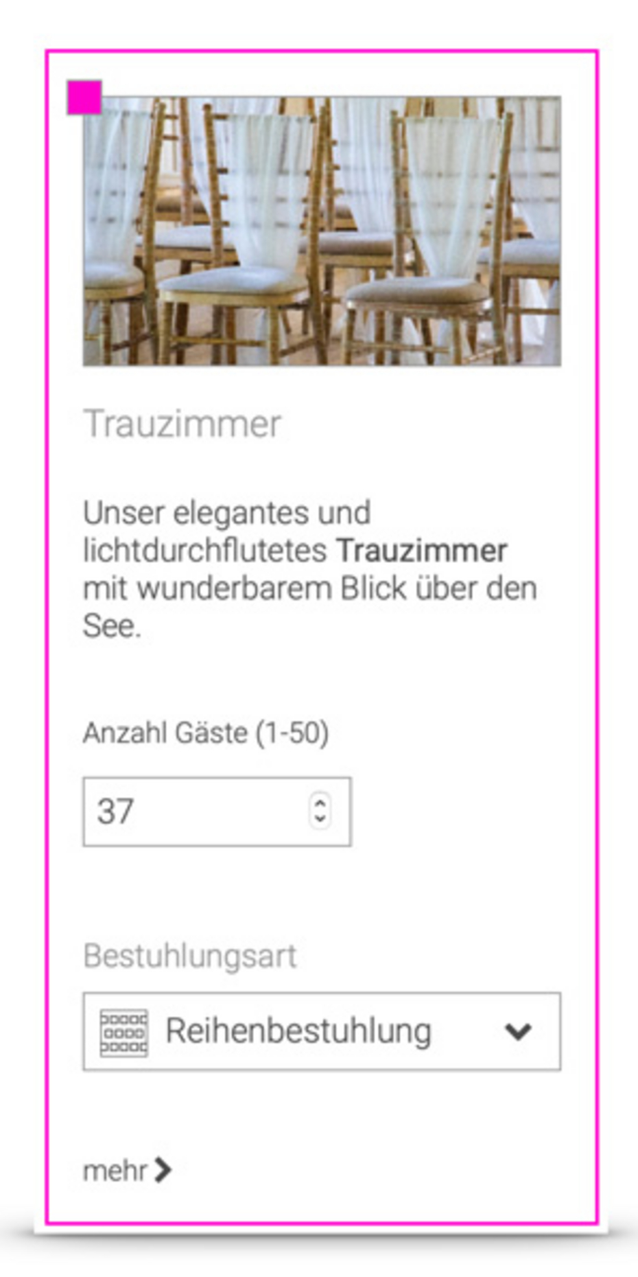 Auswahl der Bestuhlung und Personenanzahl innerhalb der Option Auswahl der Bestuhlung und Personenanzahl innerhalb der Option