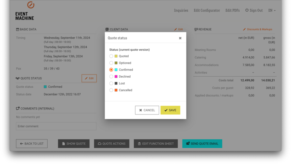 Change quote status as you like & set option date