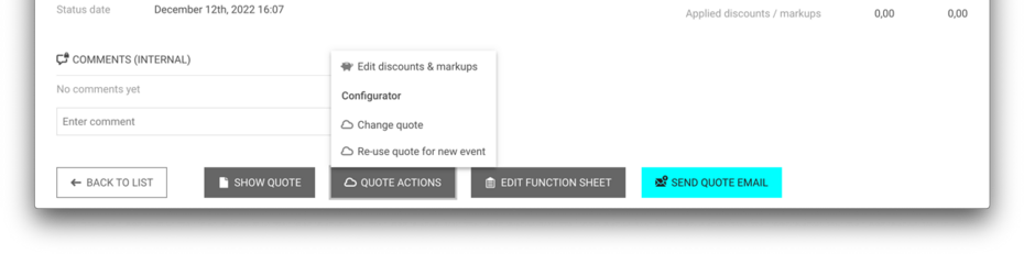Button " Quote actions" with subnavigation