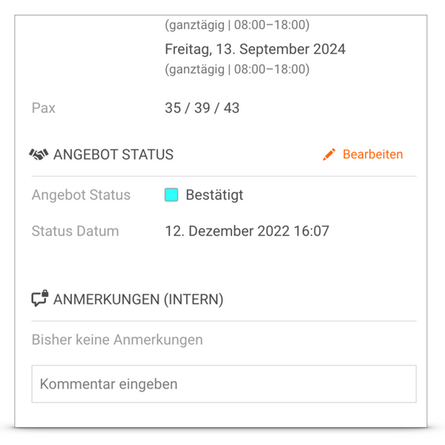 Anzeige des Angebot Status in den Veranstaltungsdetails