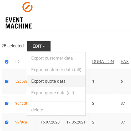 Export quote data for one, several or all event configurations