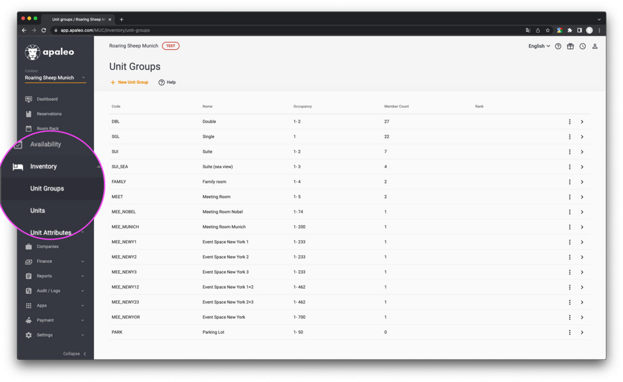 Identify relevant apaleo categories for hotel rooms, meeting rooms and event spaces