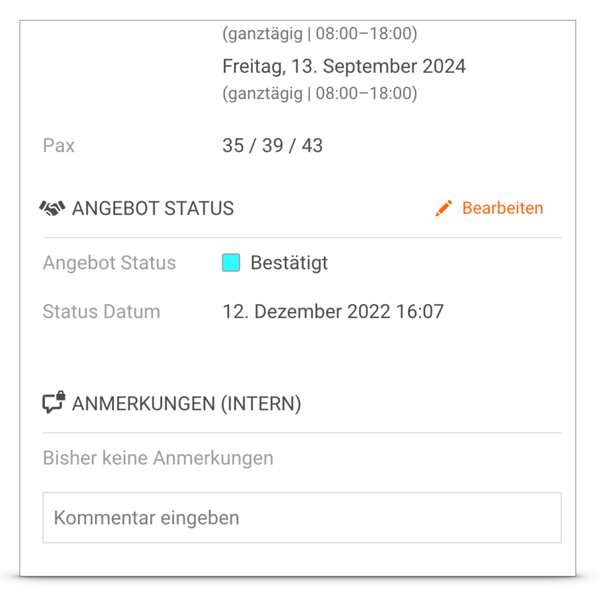 Anzeige des Angebot Status in den Veranstaltungsdetails