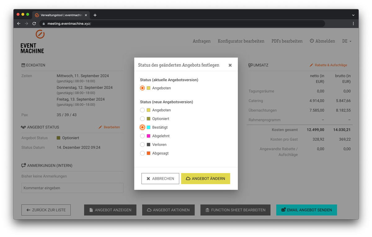 Status Code für neue Angebotsversion definieren